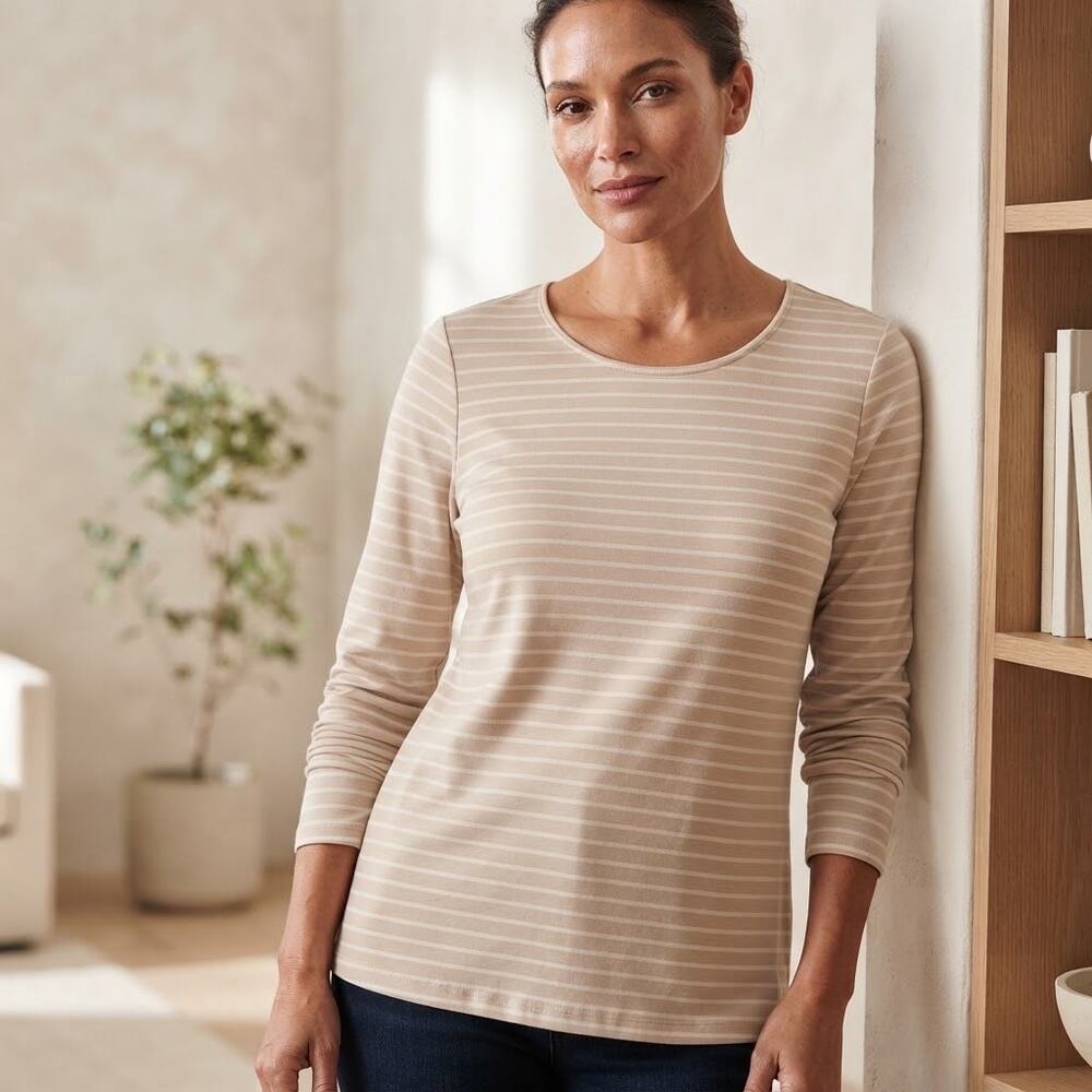 Garnet Hill large Top long sleeve Tee Beige white Striped shirt Pima cotton Peru